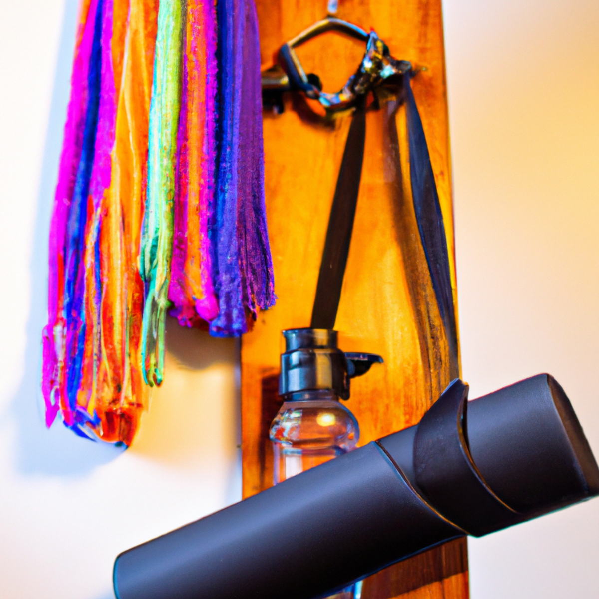The photo features a sleek black yoga mat with a matching water bottle and towel neatly arranged on top. In the background, a set of colorful resistance bands hang from a hook on the wall. The lighting is bright and natural, casting a warm glow on the scene. The attention to detail in the composition of the objects suggests a sense of organization and dedication to fitness. It's a perfect representation of the article's message about the benefits of virtual fitness classes for staying motivated in your workouts.
