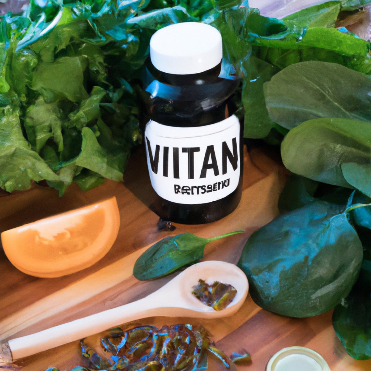 Vitamin E oil, leafy greens, carrots, and almonds on a table with a blurred person in the background.