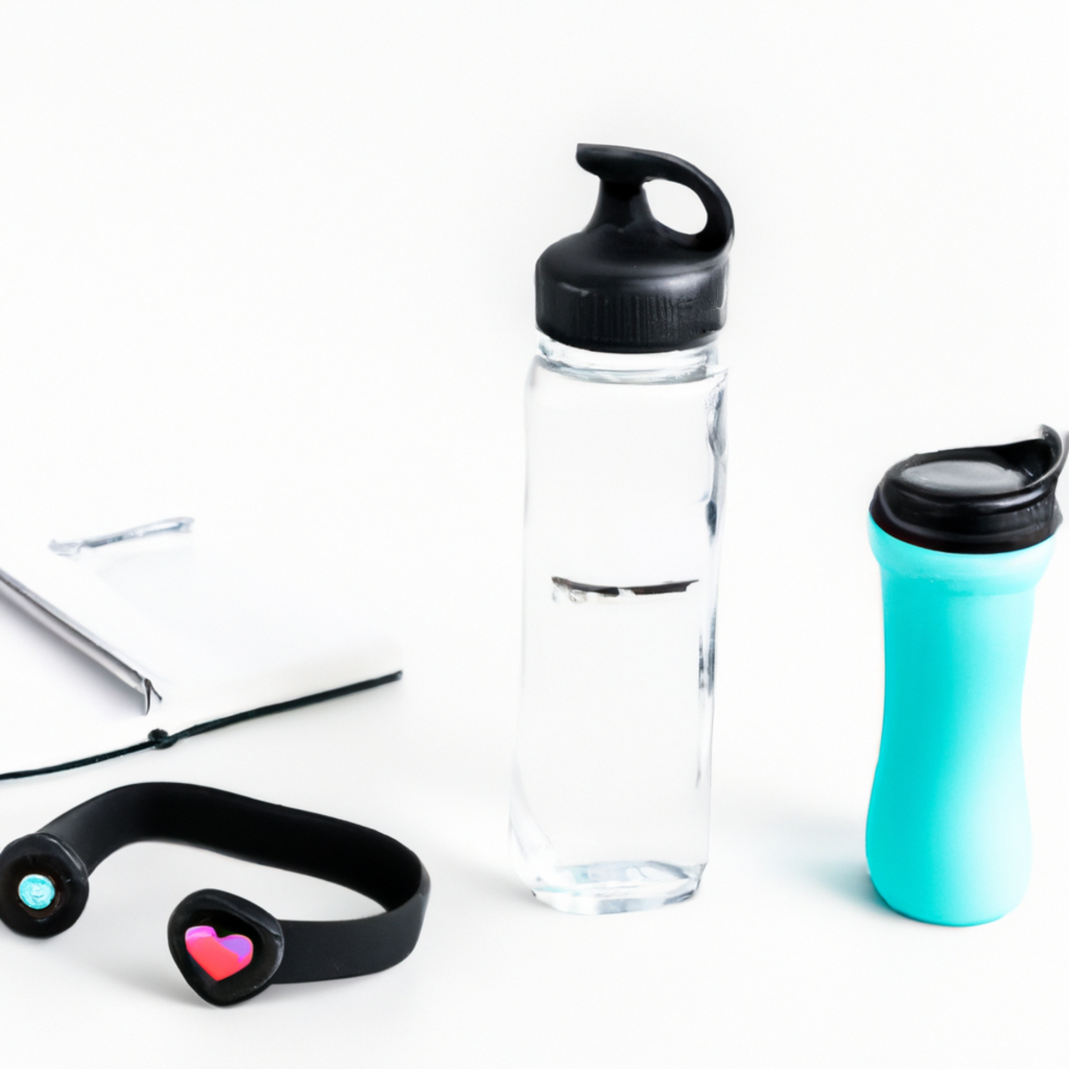 The photo features a sleek fitness tracker watch, a pair of wireless earbuds, and a colorful water bottle arranged neatly on a white background. The fitness tracker displays a heart rate reading and the number of steps taken, while the earbuds are nestled in their charging case. The water bottle is adorned with motivational phrases and a measurement guide to encourage hydration during workouts. The objects exude a sense of modernity and convenience, highlighting the accessibility and fun of using fitness apps and wearables to enhance one's fitness journey.