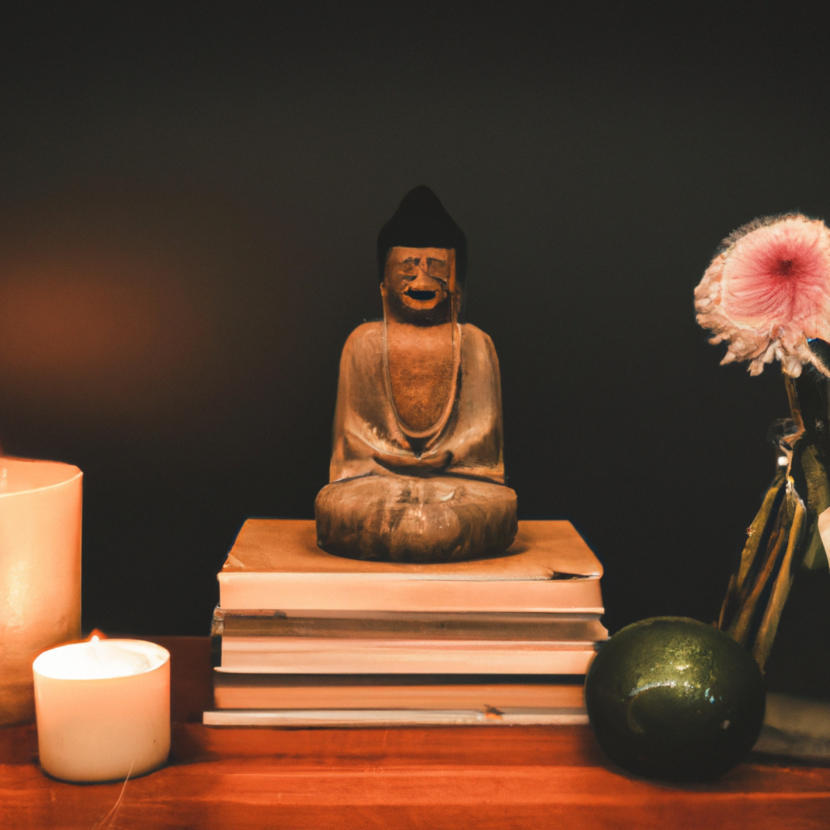 Mindfulness For Stress Reduction - Mindful arrangement of Buddha statue, flowers, books, and candle on wooden table invites reflection.
