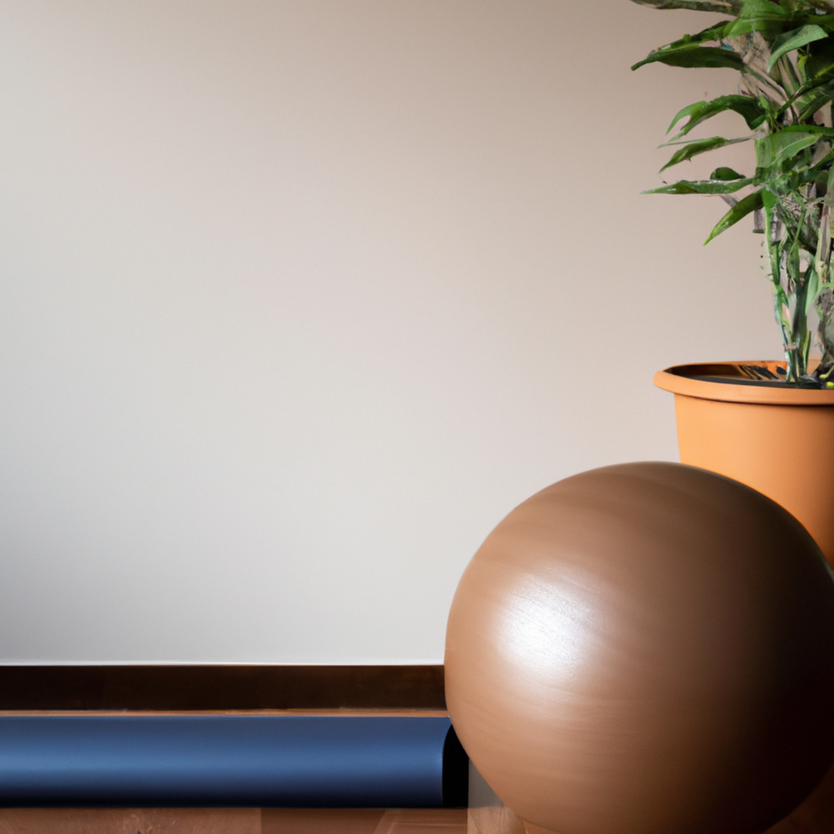 The photo captures a serene scene of a yoga mat and a Pilates ball placed side by side on a wooden floor. The soft lighting highlights the texture of the mat and the smooth surface of the ball. A small plant in a terracotta pot sits in the background, adding a touch of nature to the composition. The attention to detail in the arrangement of the objects conveys a sense of balance and harmony, reflecting the benefits of combining yoga and Pilates for a holistic approach to wellness.