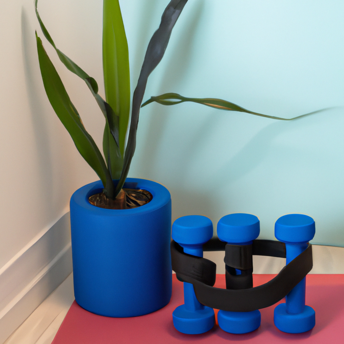 The photo shows a set of dumbbells placed on a yoga mat, with a resistance band looped around them. The background is a neutral-colored wall, with a small potted plant in the corner. The dumbbells are of moderate weight, with rubberized grips for easy handling. The resistance band is a bright blue color, with handles on each end. The overall composition of the photo is clean and simple, with a focus on the objects that seniors can use for resistance training.