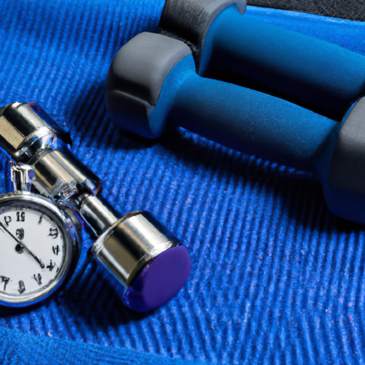 The photo captures a set of dumbbells, a stopwatch, and a sweat towel arranged neatly on a gym mat. The dumbbells are of different weights, with the heavier ones placed at the back. The stopwatch is set to zero, ready to time the high-intensity interval training (HIIT) workout. The sweat towel is folded neatly beside the dumbbells, indicating that the workout is about to begin. The lighting is bright, highlighting the texture of the gym mat and the shiny surface of the dumbbells. The photo conveys a sense of anticipation and readiness for a challenging workout.