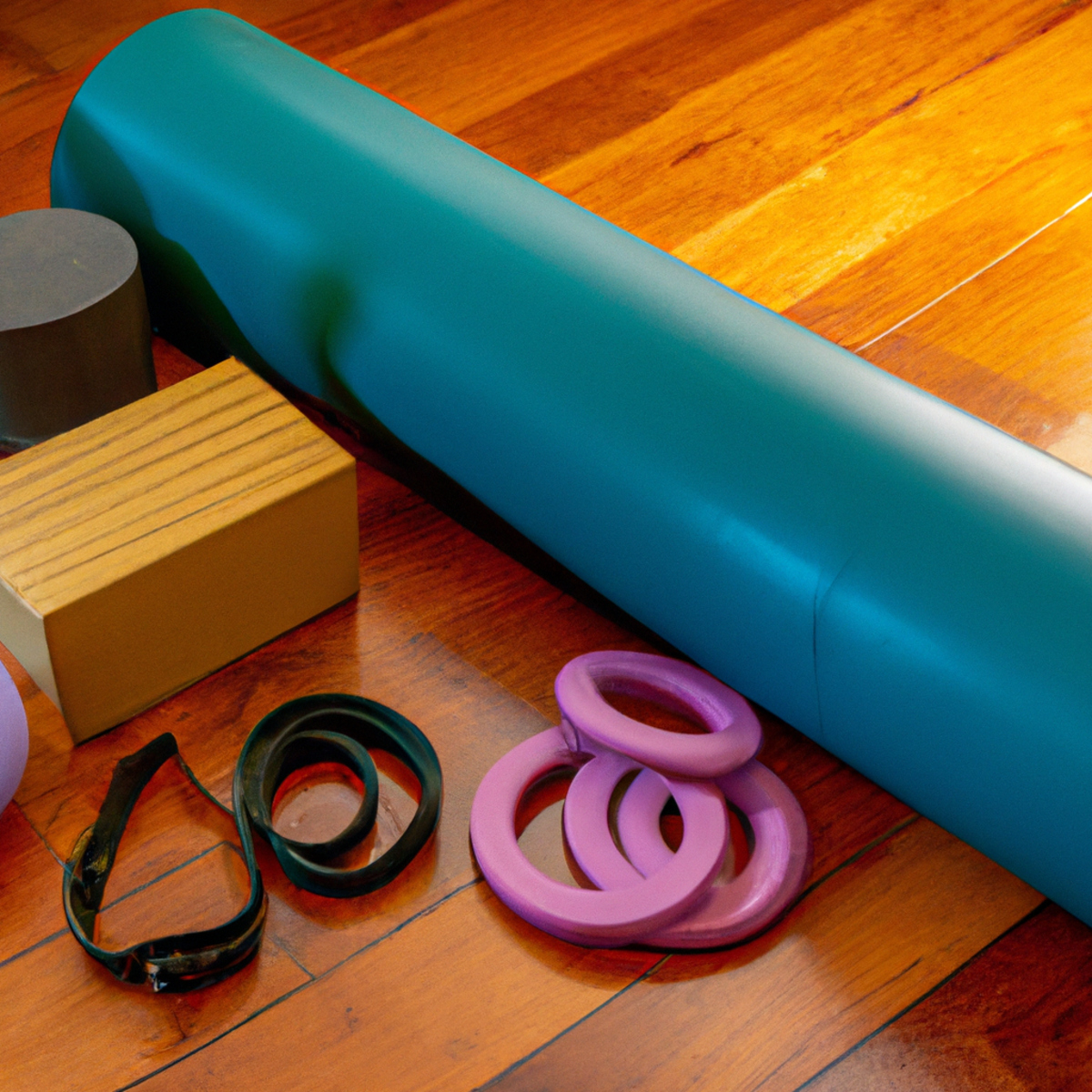 The photo captures a serene scene of a yoga mat laid out on a wooden floor, surrounded by various objects. A foam roller, yoga blocks, and a resistance band are neatly arranged on one side, while a Pilates ball and a set of hand weights sit on the other. The lighting is soft and natural, casting a warm glow over the scene. The attention to detail is evident in the way the objects are placed, creating a sense of balance and harmony. It's clear that this is a space where one can stretch their limits and find inner peace through the practice of yoga and Pilates.