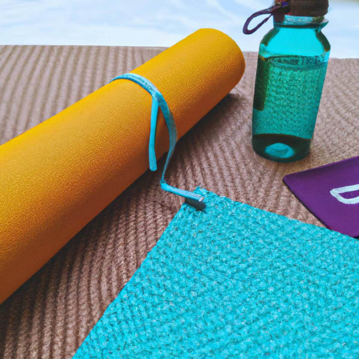 The photo captures a serene scene of a yoga mat with various objects placed on it. In the center of the mat, there is a yoga block and a strap, which are commonly used to assist with poses. To the left, there is a water bottle and a towel, indicating the importance of staying hydrated and comfortable during practice. On the right, there is a Pilates ring, which is a popular prop used to add resistance and challenge to exercises. The background is blurred, creating a sense of focus on the objects and their purpose in enhancing the practice of yoga and Pilates for a stronger body and mind.