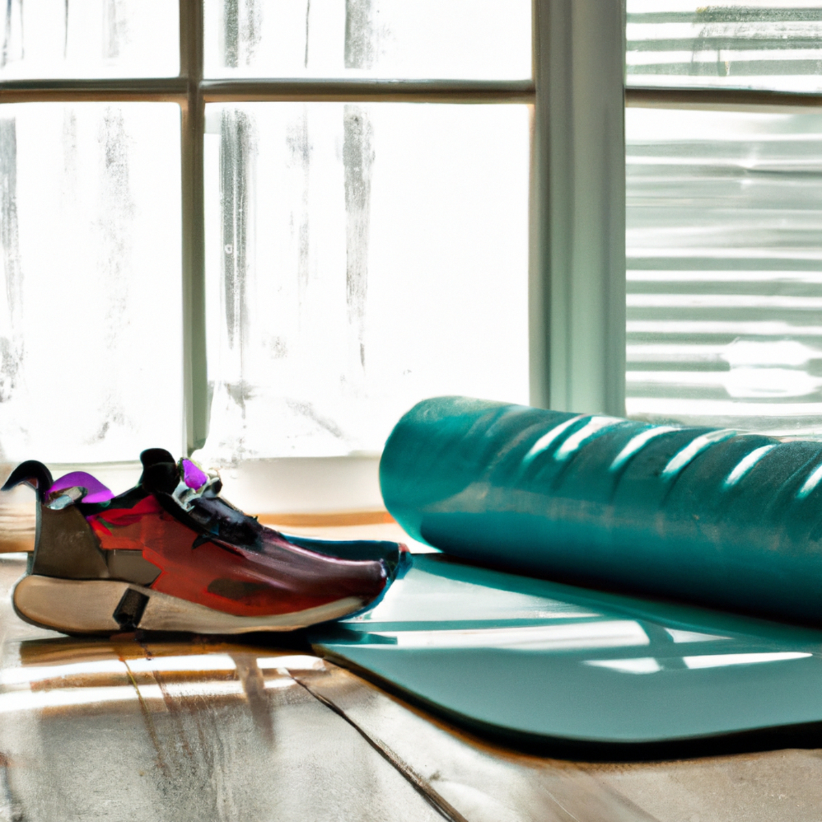 The photo captures a yoga mat laid out on a wooden floor, with a pair of running shoes placed neatly beside it. A foam roller and resistance band are also visible, indicating the use of these tools in the athlete's training regimen. In the background, a large window allows natural light to flood the room, creating a serene and peaceful atmosphere. The simplicity of the objects in the photo highlights the importance of incorporating yoga and Pilates into an athlete's routine, emphasizing the power of these practices to enhance physical performance.