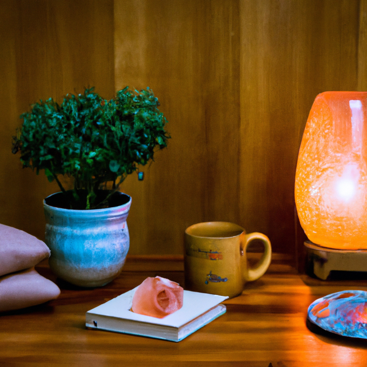 A calming scene of a table with books, tea, crystals, and a plant, illuminated by a Himalayan salt lamp.