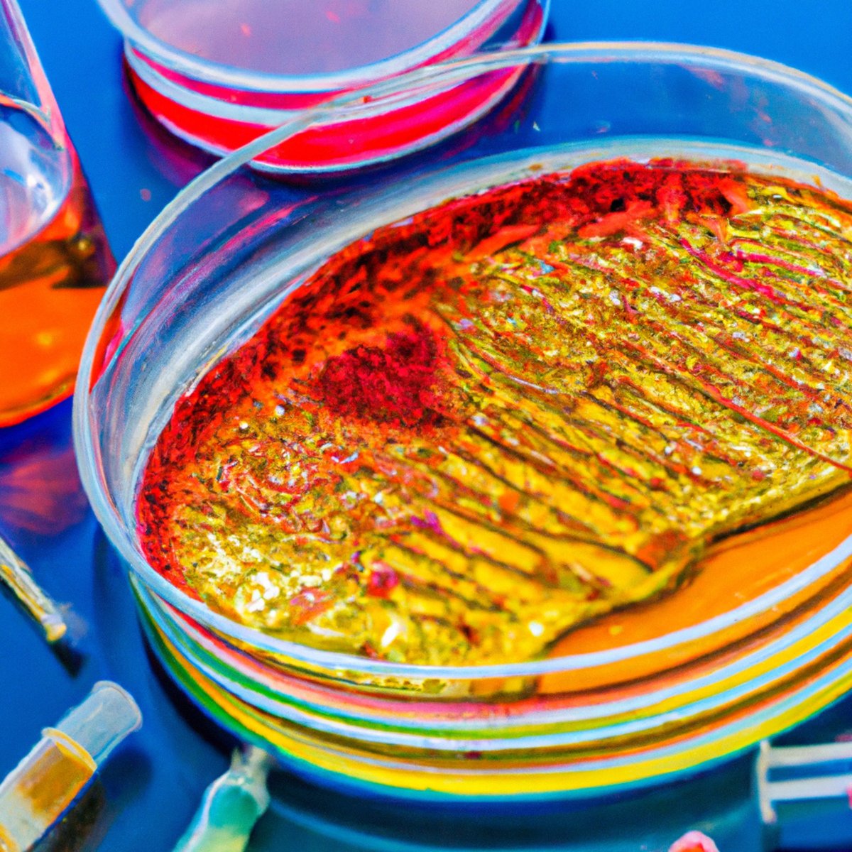 Close-up of lab setup with vibrant petri dish reaction, showcasing Alkaptonuria and heart health research.