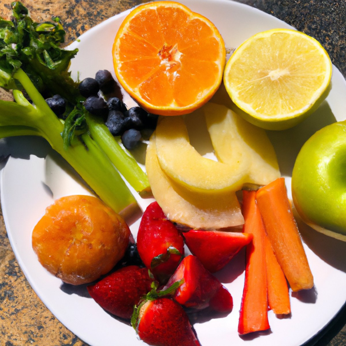 Colorful fruits and vegetables on a platter, promoting a balanced diet for managing Alkaptonuria.