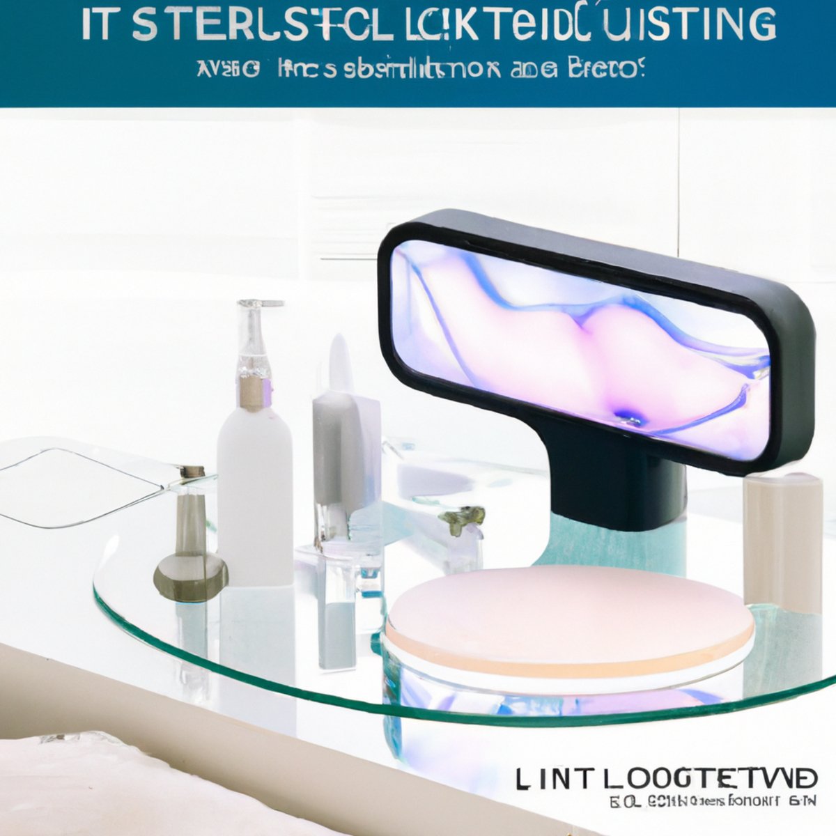 Revolutionary skincare display: sleek device, vibrant serums, precise elixir, minimalist backdrop. Step into the future of anti-aging.