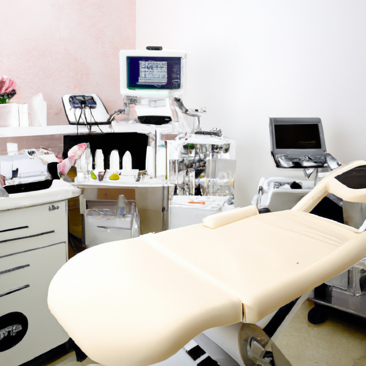 Revolutionary anti-aging clinic with modern equipment, skincare products, and a touch of nature.