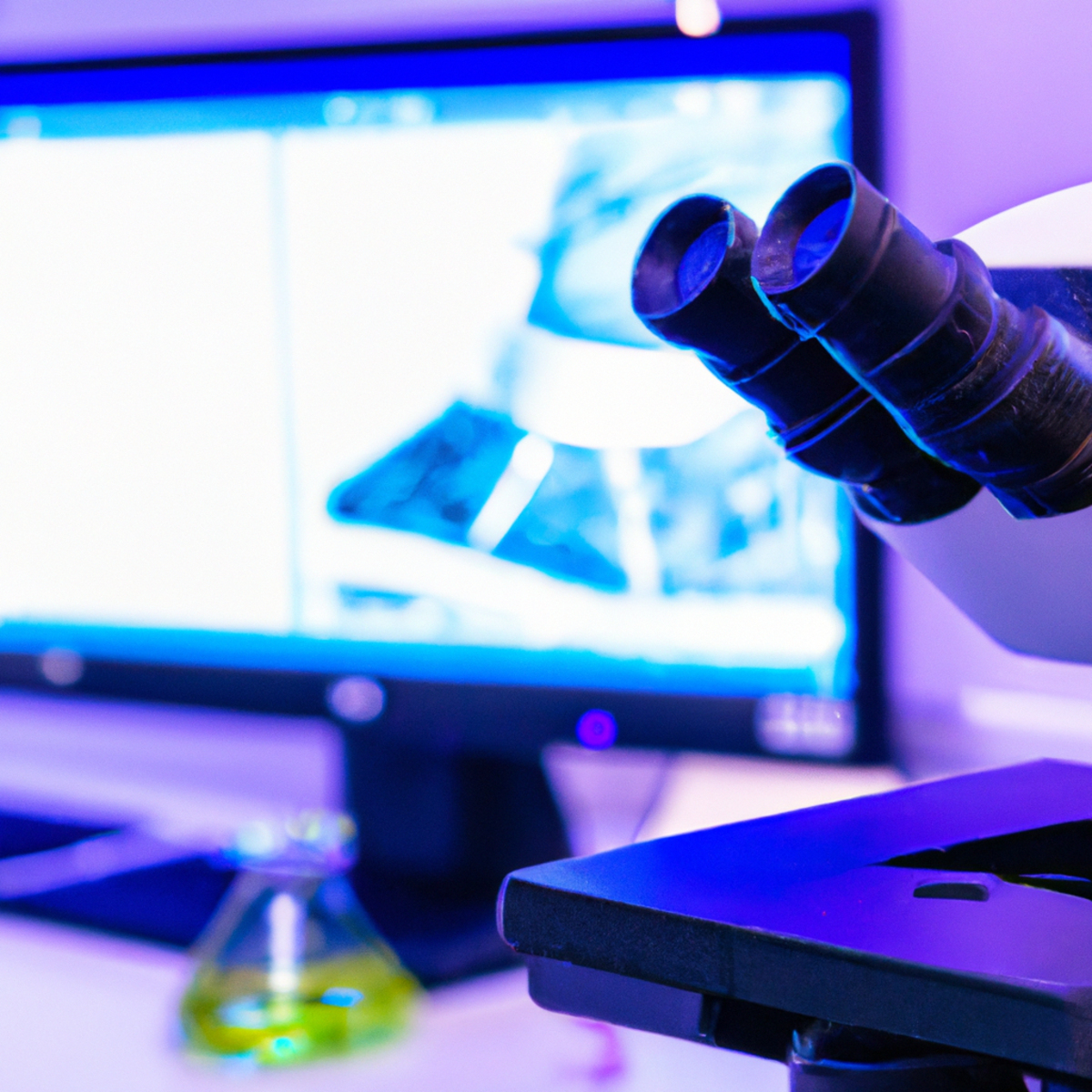 Cutting-edge lab setup with microscope, petri dish, computer screen, and vibrant substances, symbolizing progress in cystic fibrosis treatment.
