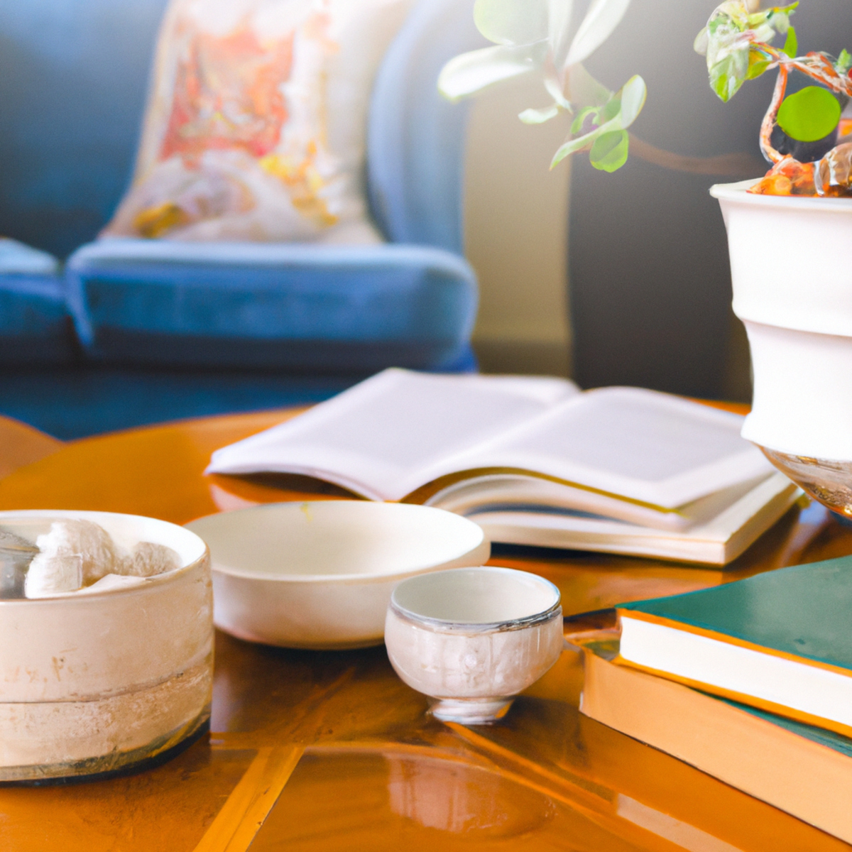 Cozy living room with mindful objects: books, pebbles, candle, cushion. Serene scene promoting self-care and stress management.