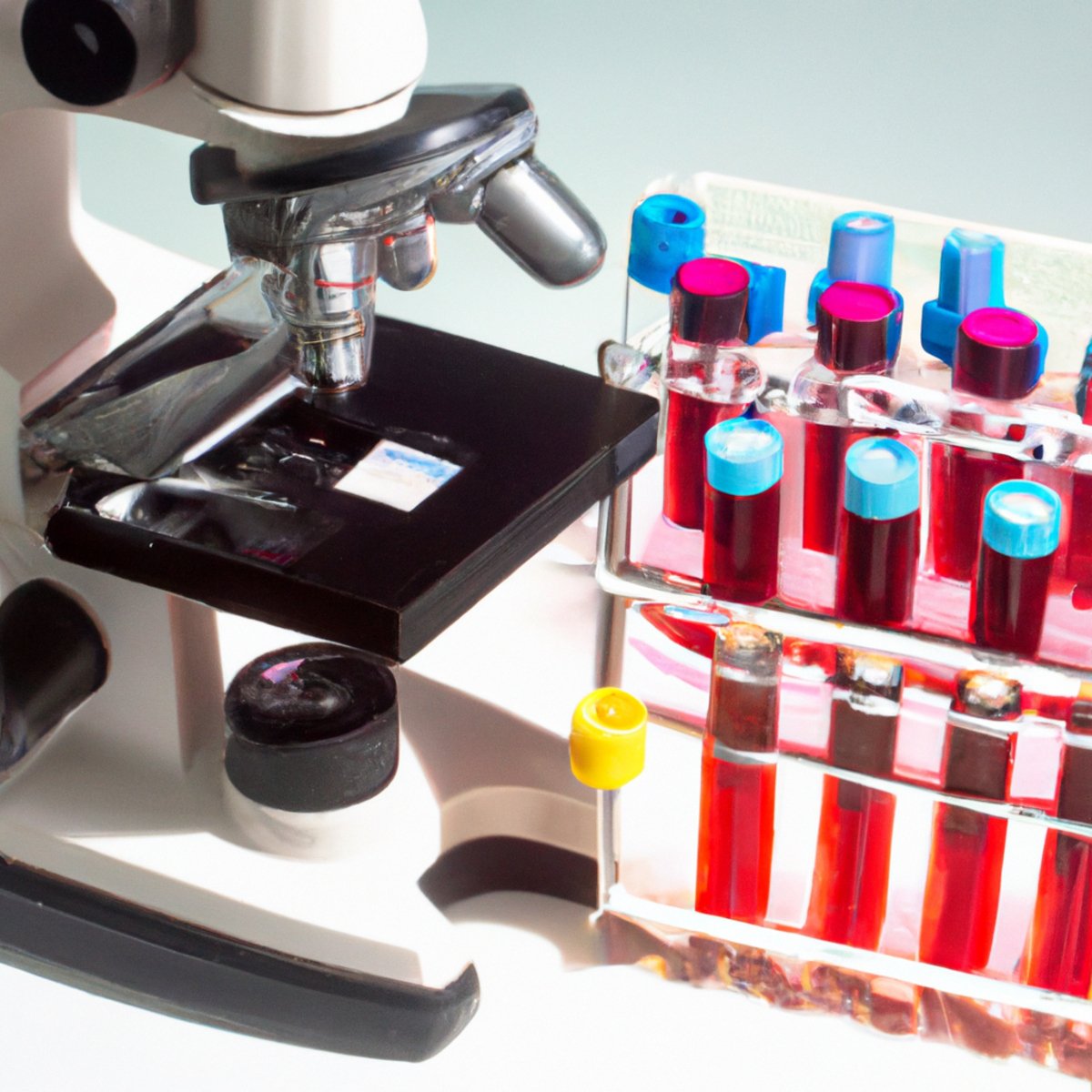 Close-up of laboratory microscope examining blood samples, surrounded by scientific equipment, emphasizing scientific research.
