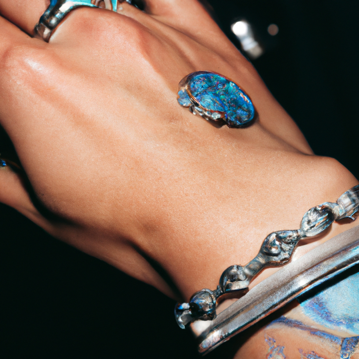 Close-up of bluish hand with silver jewelry, revealing intricate details and subtle metallic sheen.