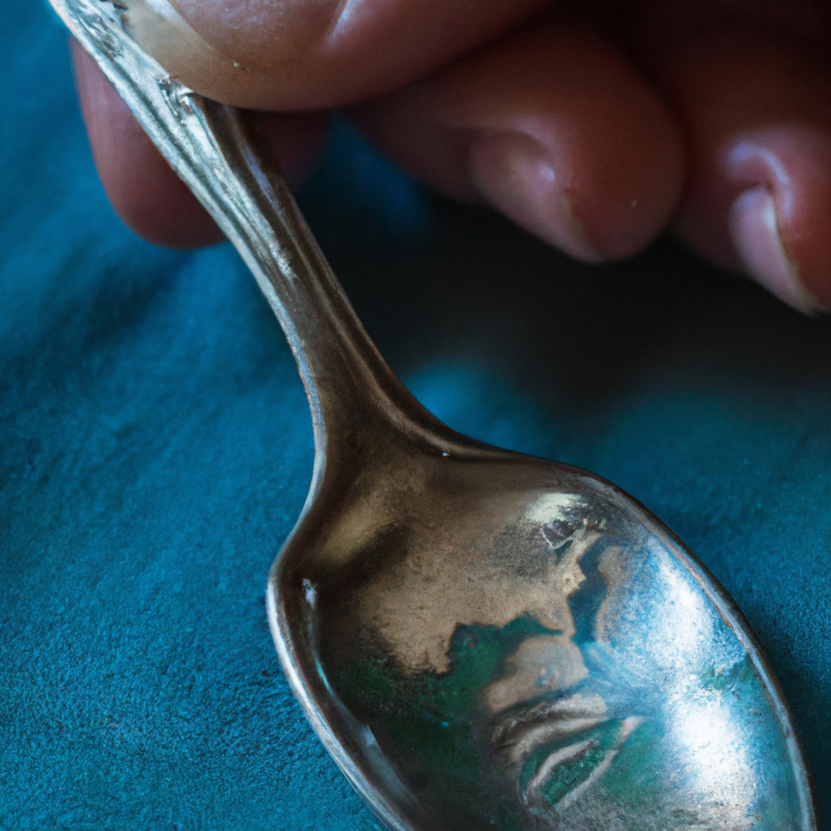 Tarnished silver spoon with bluish hue, showcasing argyria effects. Reflective surface emphasizes metallic texture and intricate patterns.