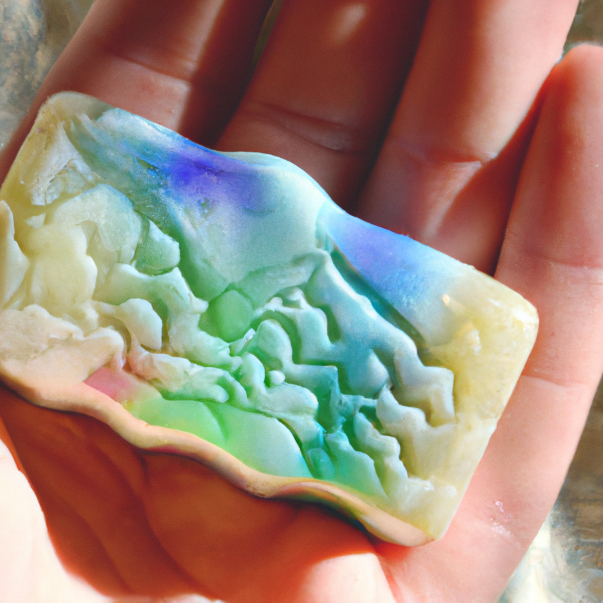 Close-up of hand holding vibrant, mythical soap with intricate patterns, emphasizing skincare for Harlequin Ichthyosis.