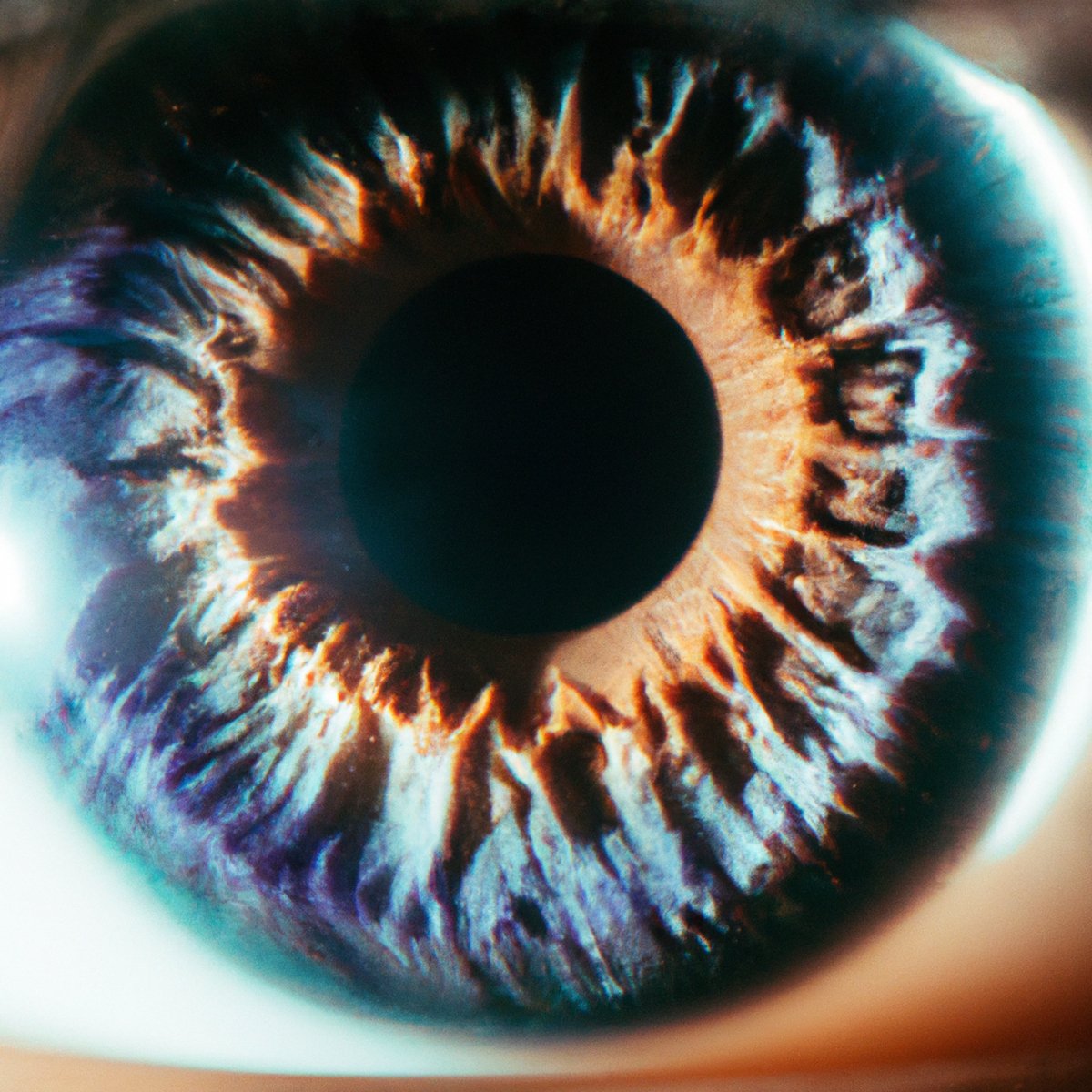 Close-up of human eye with vibrant iris colors and scientific equipment, representing Hermansky-Pudlak Syndrome.