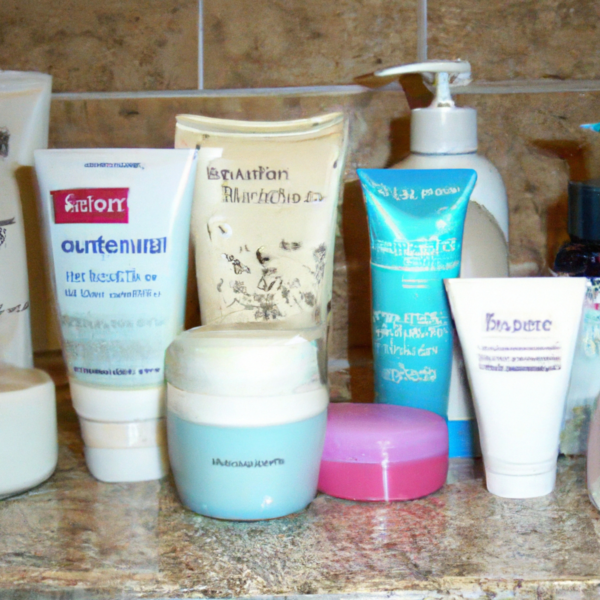Essential skincare products for managing Harlequin Ichthyosis, neatly arranged on a bathroom countertop.