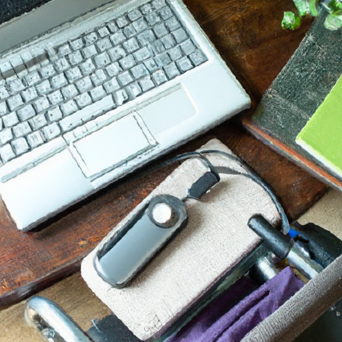 Assistive devices and tools for managing Ataxia Telangiectasia: wheelchair, keyboard, communication device, pill organizer, calendar, water bottle.