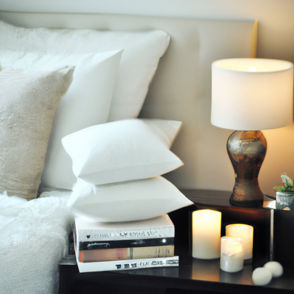 Beautifully arranged bedside table promotes relaxation and restful sleep with pillow, books, flowers, diffuser, tea, and serene ambiance -Self-care at Home