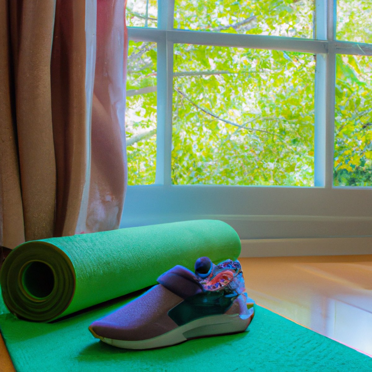 A serene room with a yoga mat, running shoes, water bottle, and books, inviting readers to explore stress relief through exercise.