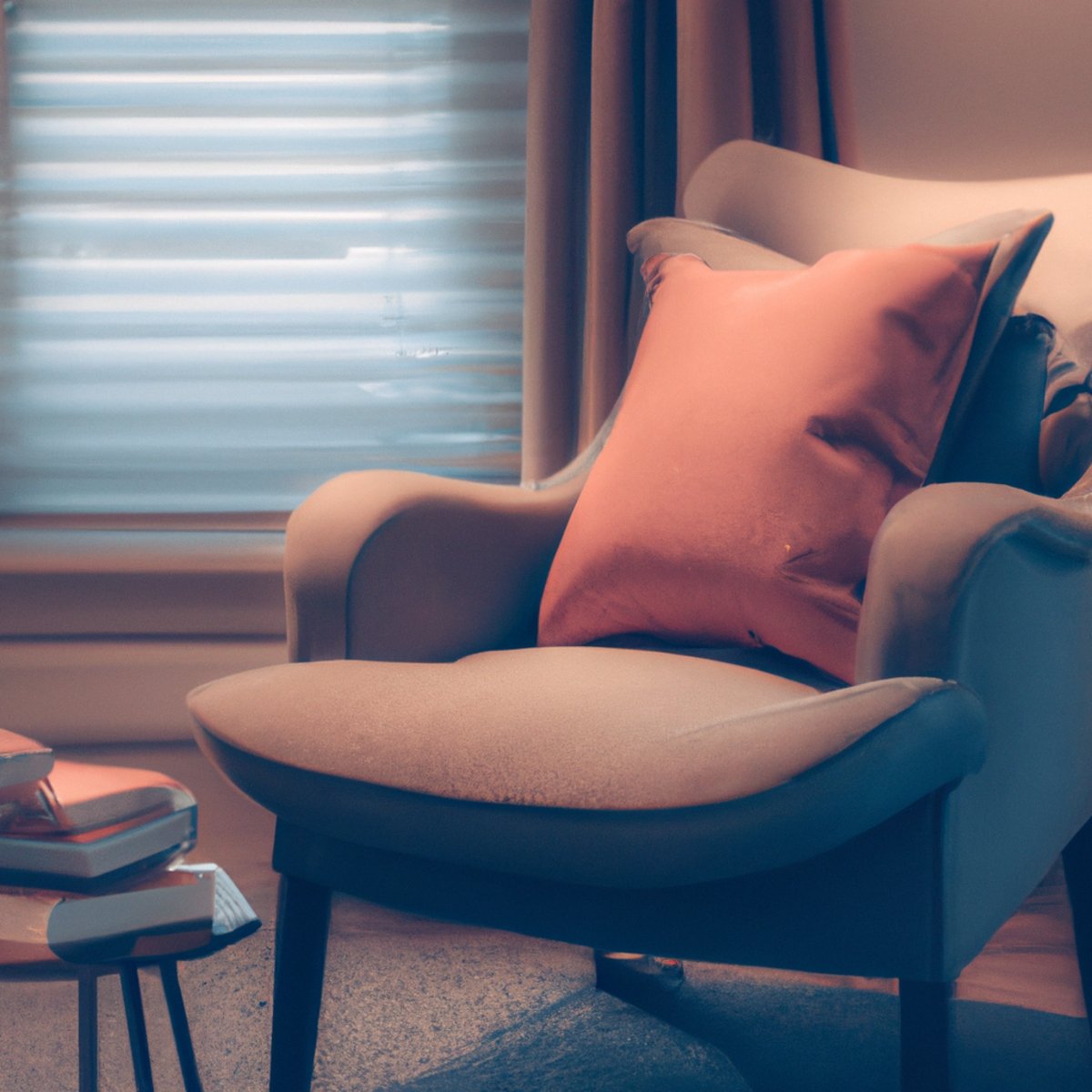 Cozy living room with plush armchair, books, and table lamp, evoking tranquility and resilience in navigating limited mobility -Stiff Person Syndrome