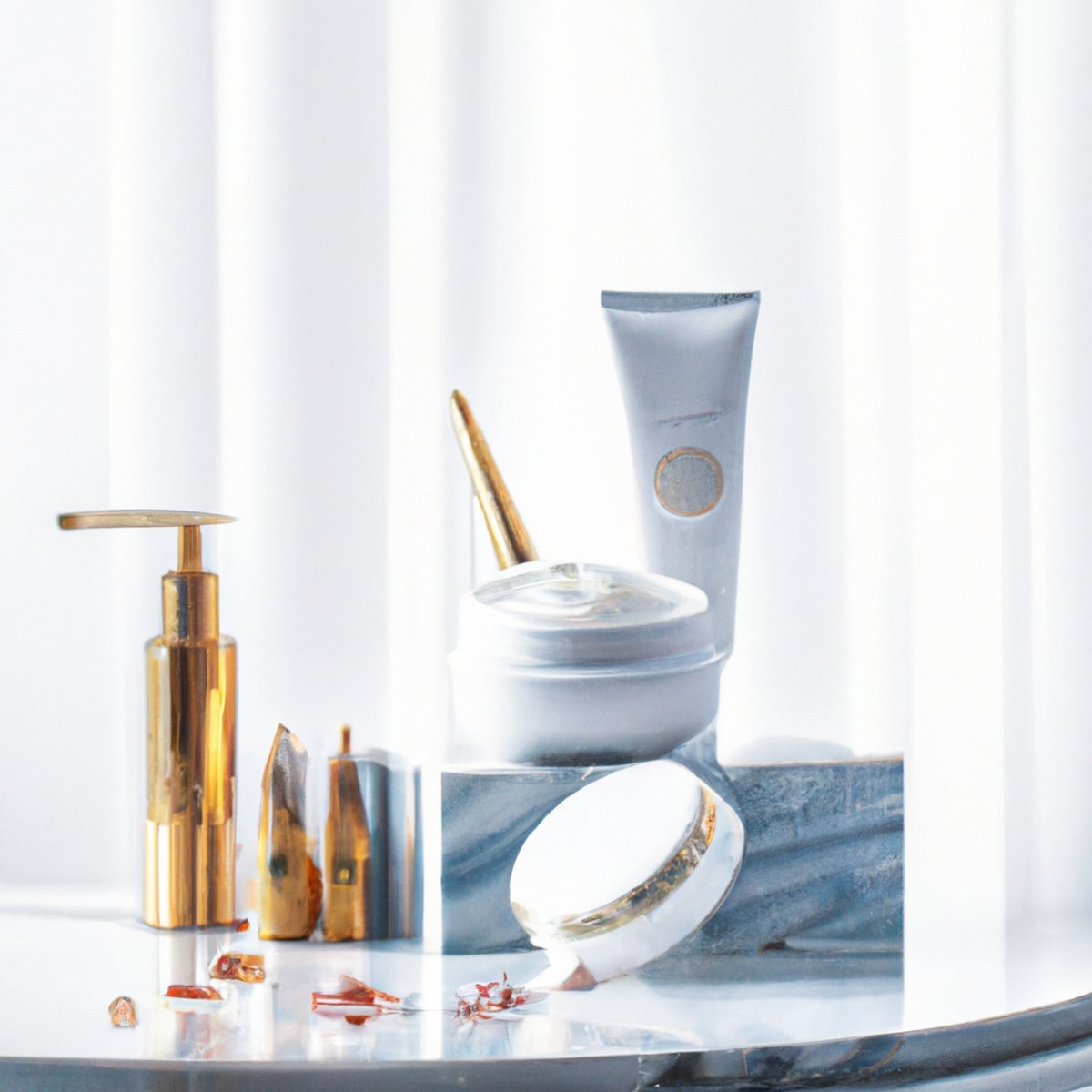 A luxurious vanity table with anti-aging skincare products, including retinol cream, derma roller, hyaluronic acid serum, and plants.