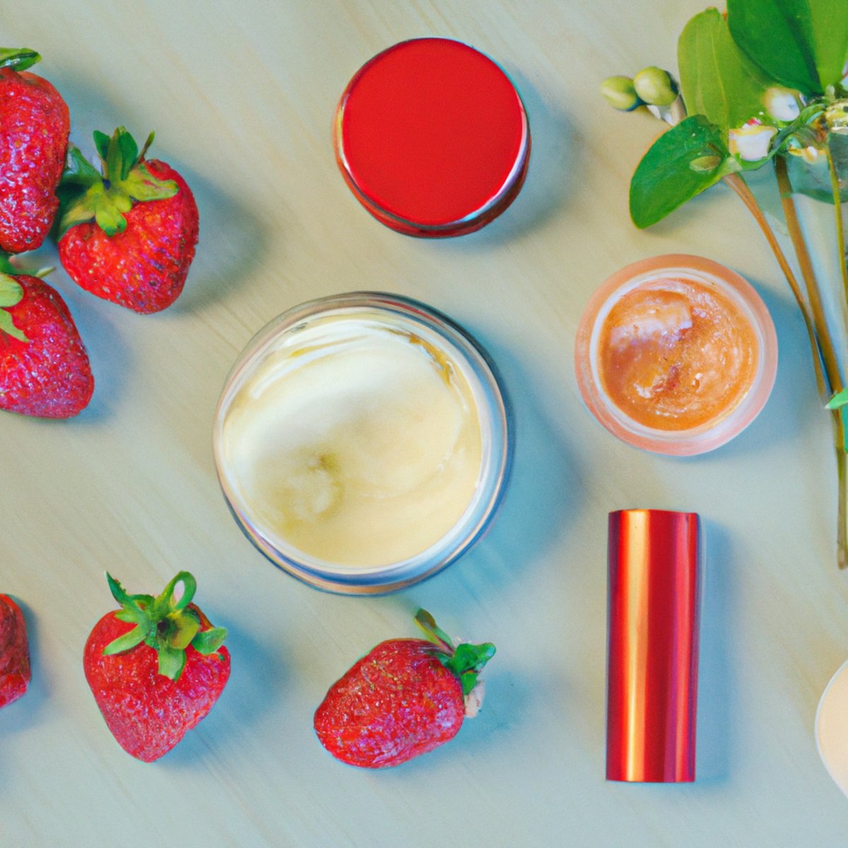 Natural beauty remedies - Close-up of DIY lip treatment essentials: creamy lip balm, fresh strawberries, ripe avocado, mint leaves, essential oils. Organic and enticing.