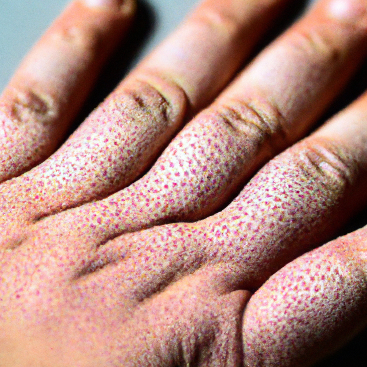Close-up of hand with thick, dry, scaly skin, showcasing the unique texture of Harlequin Ichthyosis.