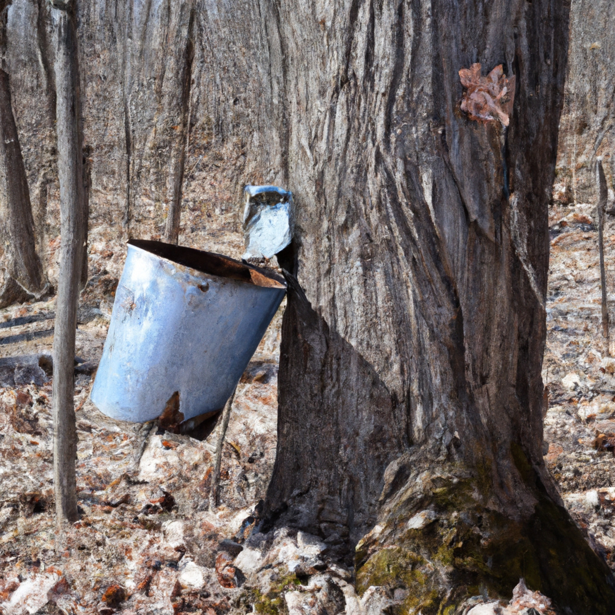 Maple tree with sap collection bucket, illustrating syrup production - Maple Syrup Urine Disease (MSUD)