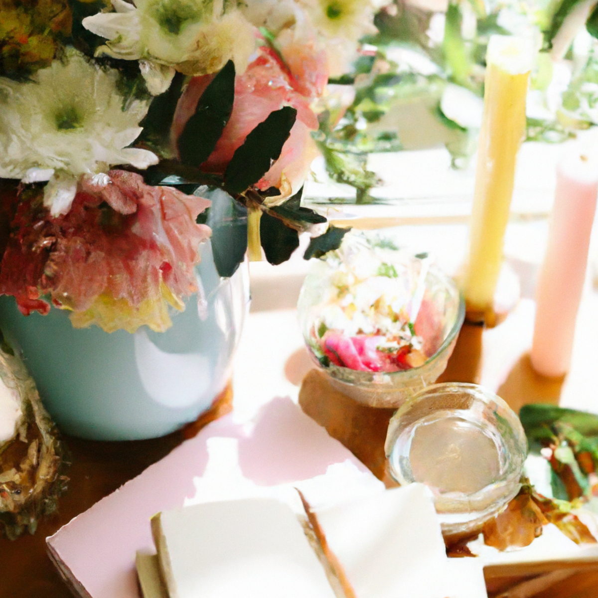 Serene scene of self-care: vibrant flowers, journal of gratitude, herbal tea, cozy armchair, and warm sunlight.
