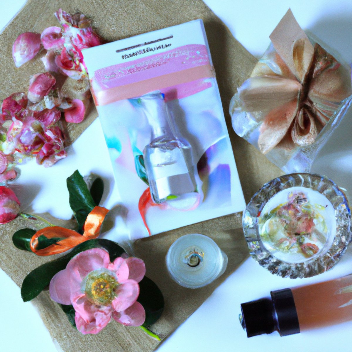 Vibrant bouquet of flowers and skincare products symbolize clean beauty and natural skincare movement.
