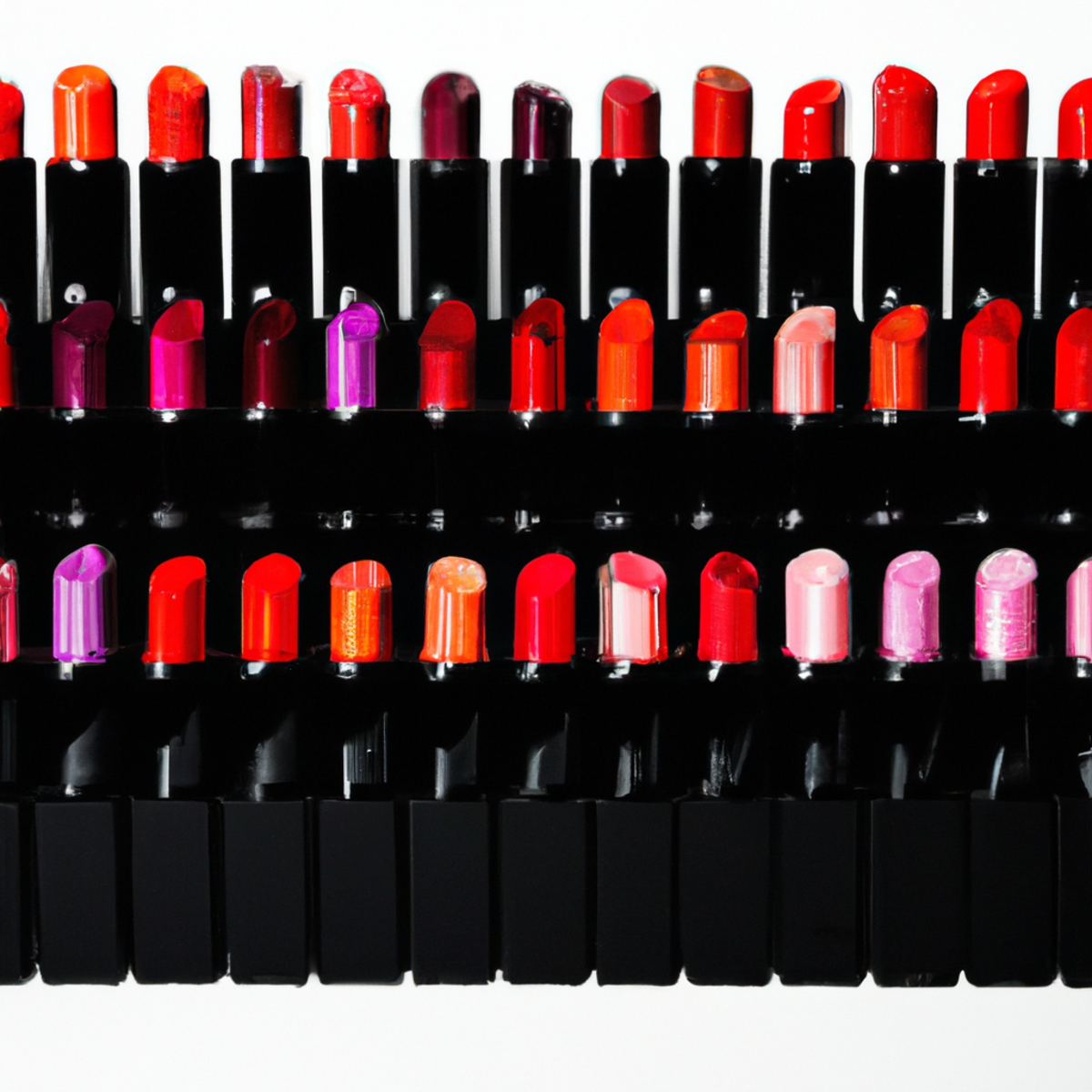 Close-up of vibrant lip colors arranged artistically, showcasing bold shades from fiery reds to daring oranges.