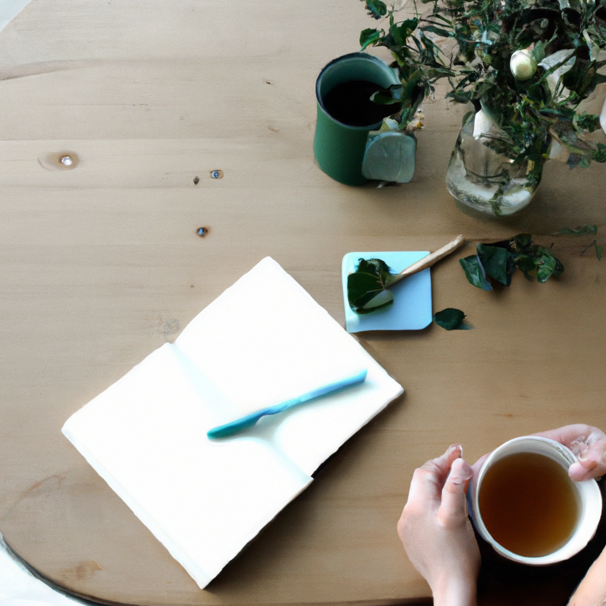A serene photo of self-reflection and personal growth with a journal, pen, and cup of tea on a wooden desk -Self-care tips
