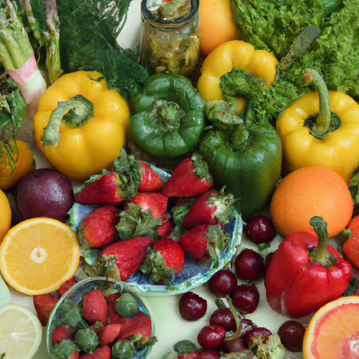 Vibrant display of anti-inflammatory diet: fruits, veggies, whole grains, healthy fats. Encourages rosacea management.