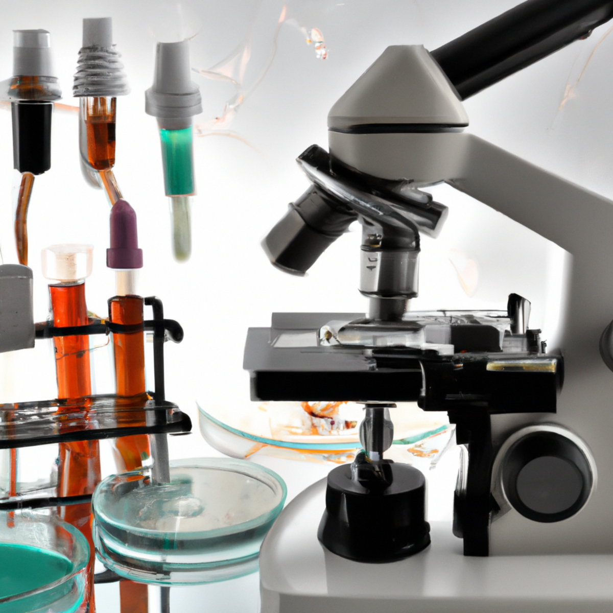 Scientific lab bench with equipment, microscope slide, and research papers, emphasizing scholarly context -Fibrodysplasia Ossificans Progressiva