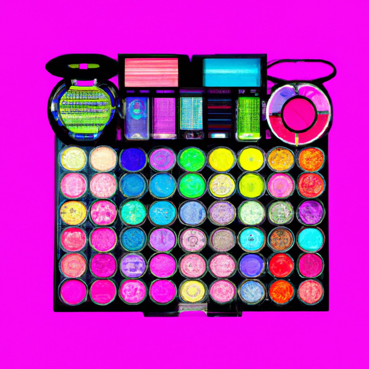 Mesmerizing array of neon makeup products on sleek surface, showcasing vibrant eyeshadow palettes, lipsticks, nail polishes, and artistic brushes.