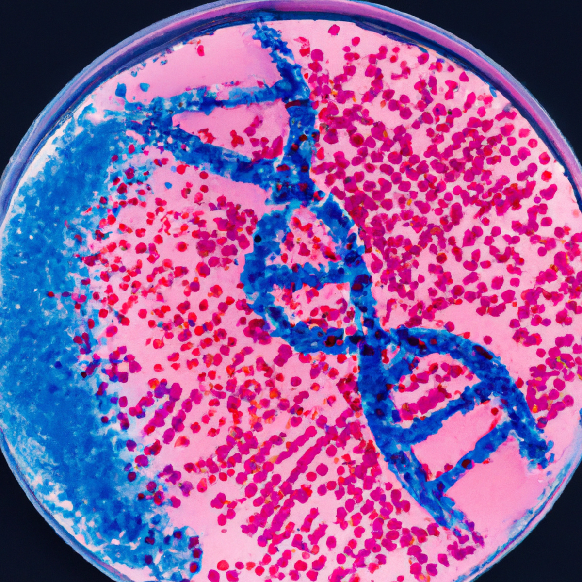 Close-up of vibrant DNA strands in a petri dish, representing the genetic complexity of Harlequin Ichthyosis research.