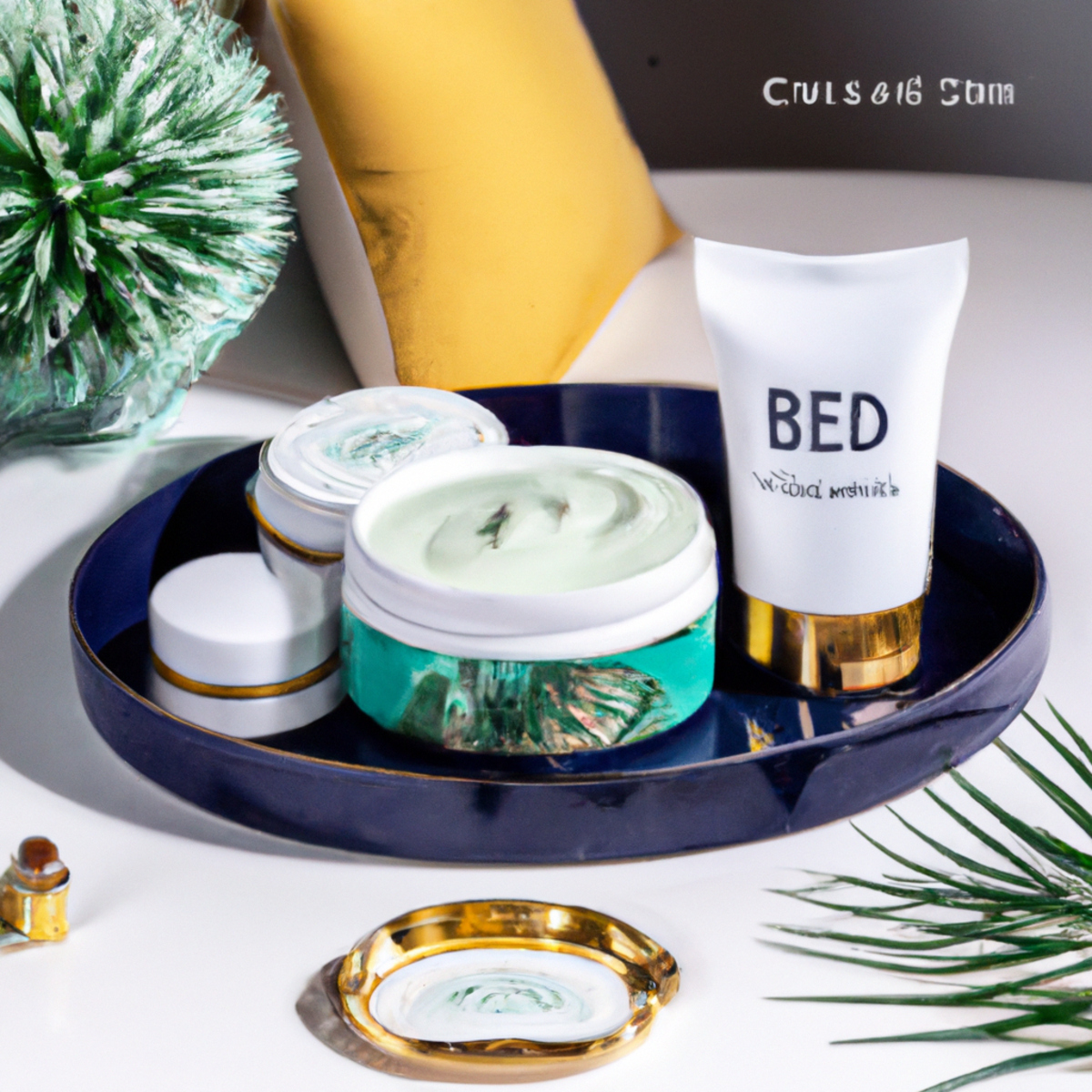 CBD-infused skincare display: luxurious face cream, botanical masks, fluffy brush, lavender and chamomile bouquet. Alluring elegance, intrigue, skincare upgrade?