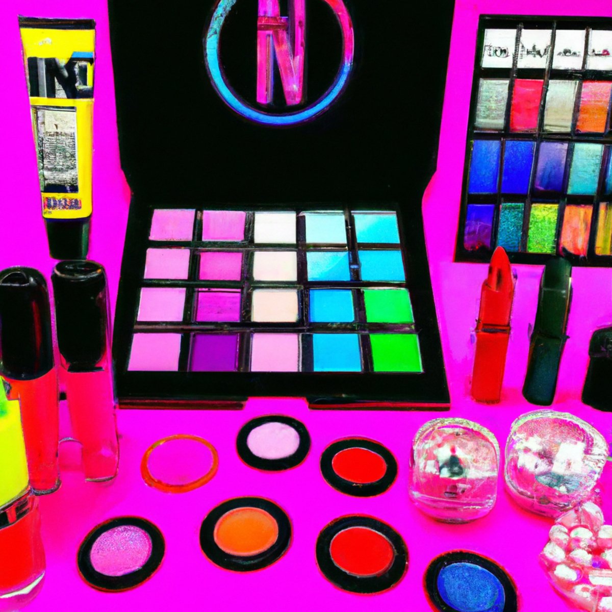 Vibrant neon makeup table with eyeshadow palette, lipsticks, brushes, and mirror, surrounded by neon signs.