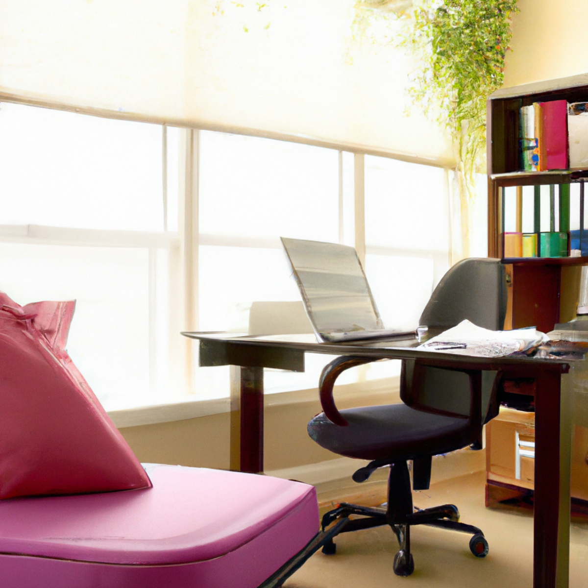 Serene workspace with chair, books, plant, tea, and app, promoting relaxation, productivity, and well-being - Stress Relief Exercises