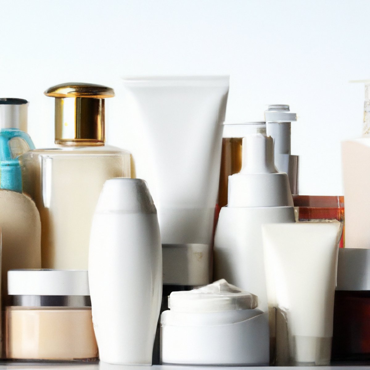 Skincare products for managing Harlequin Ichthyosis: moisturizers, emollients, and cleansers neatly arranged on white surface.
