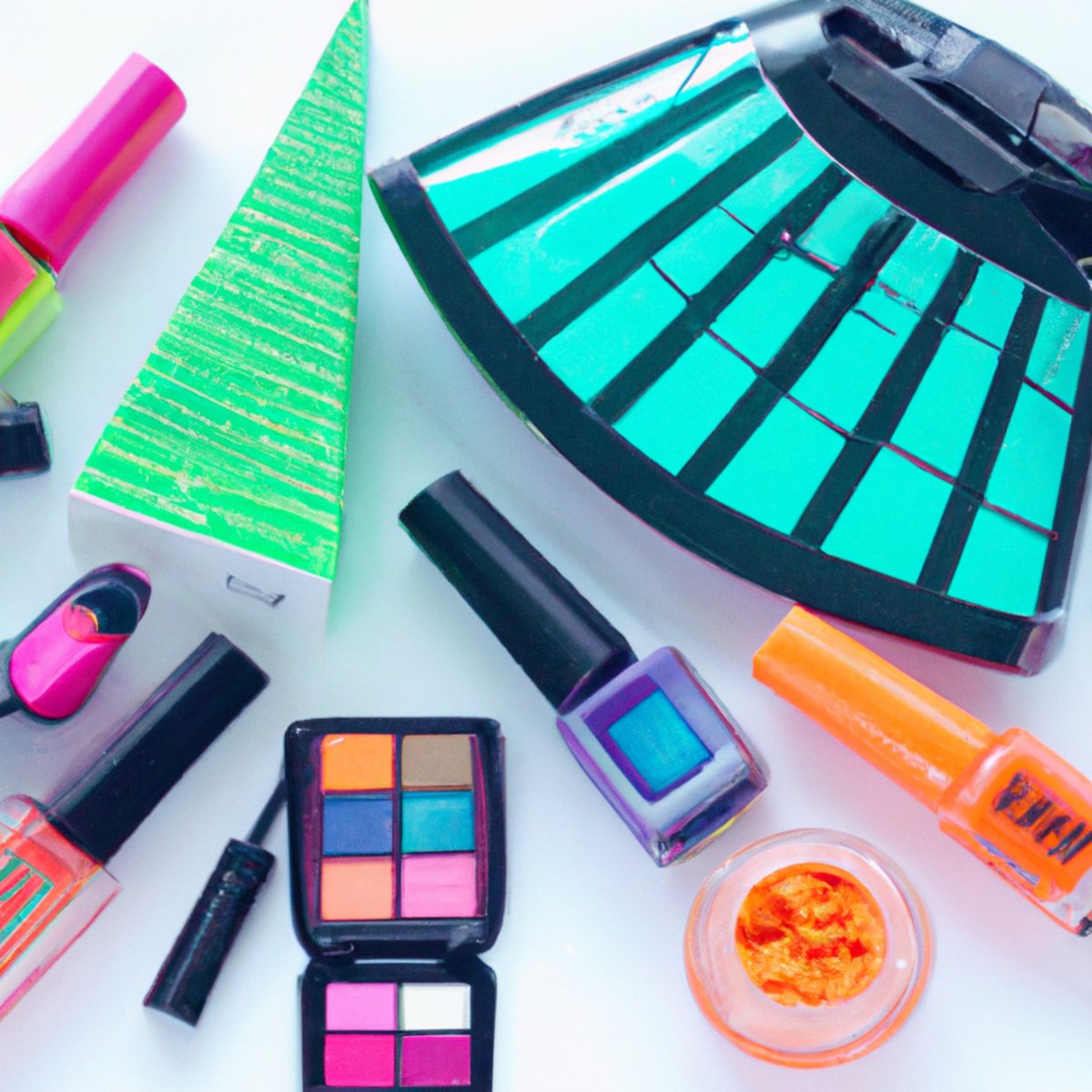 Vibrant neon makeup products arranged on a sleek vanity table, creating a visually striking and captivating pattern.