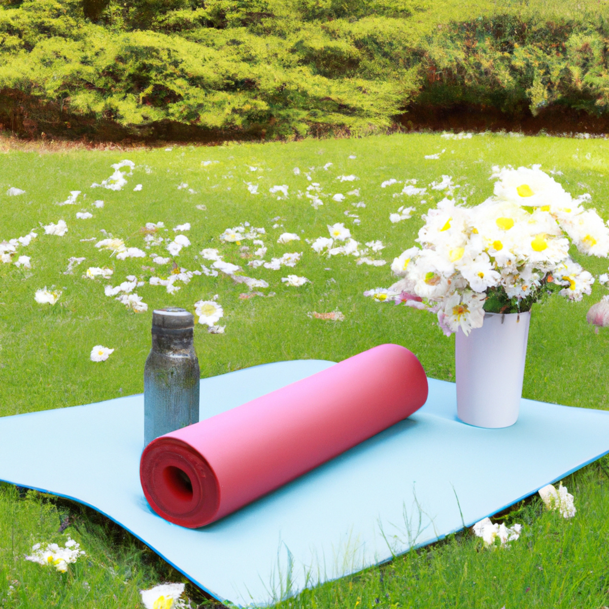 A serene yoga mat on green grass, surrounded by trees and flowers. Towel, water bottle, and books nearby. Calm and inviting -Healthy ways to manage stress