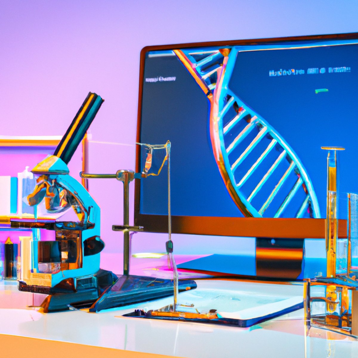 Close-up of laboratory: microscope focused on DNA double helix model, computer screen shows genetic sequencing analysis of Hutchinson-Gilford Progeria Syndrome gene.