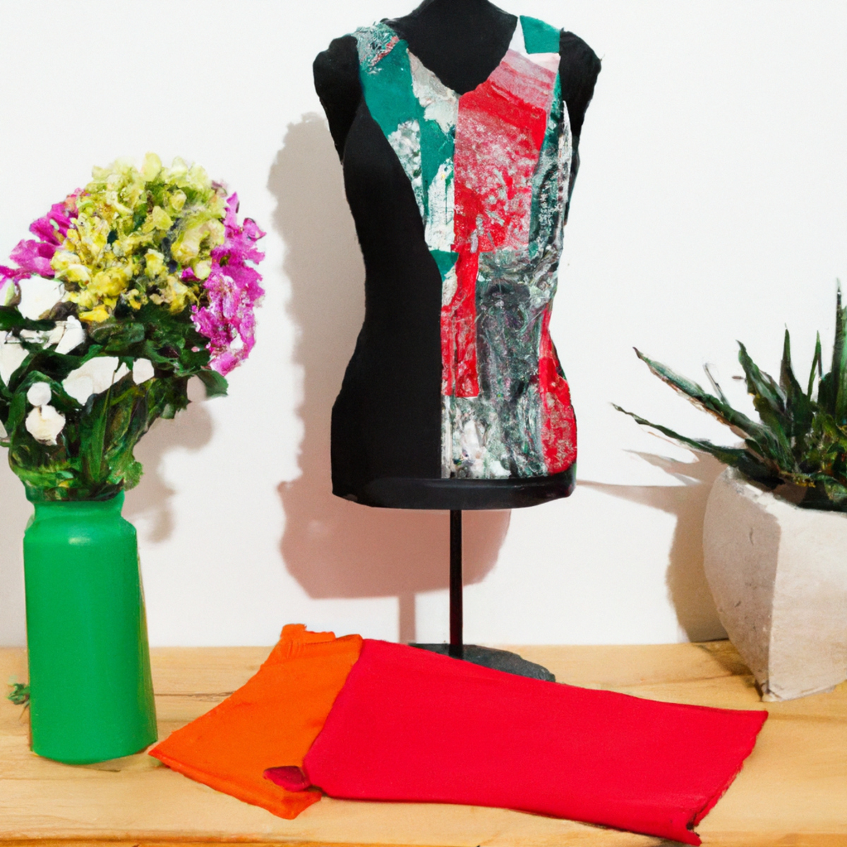 Eco-friendly display: flowers, cotton shirts, recycled accessories, timeless garments. Explore sustainable beauty and fashion.