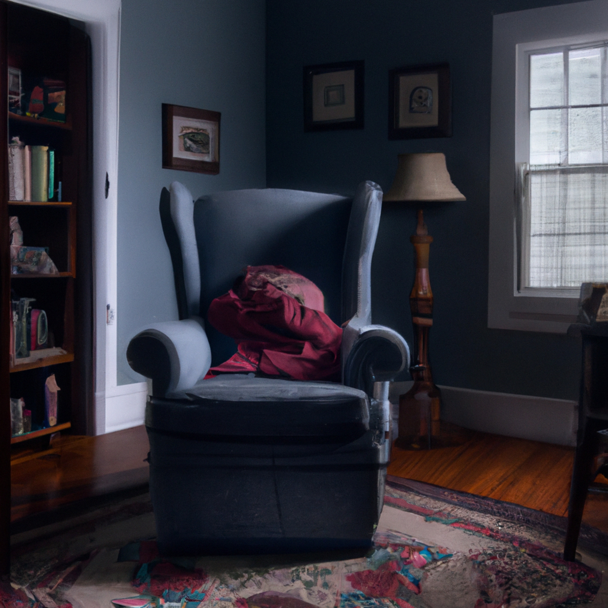 A serene living room with a cozy armchair, books, artwork, and a soothing lamp, symbolizing coping strategies and support.