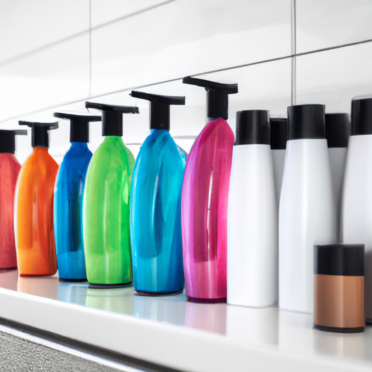 Close-up of sleek bathroom countertop with vibrant shampoo bottles, hair supplements, and advanced hair transplant machine - Hair loss treatment