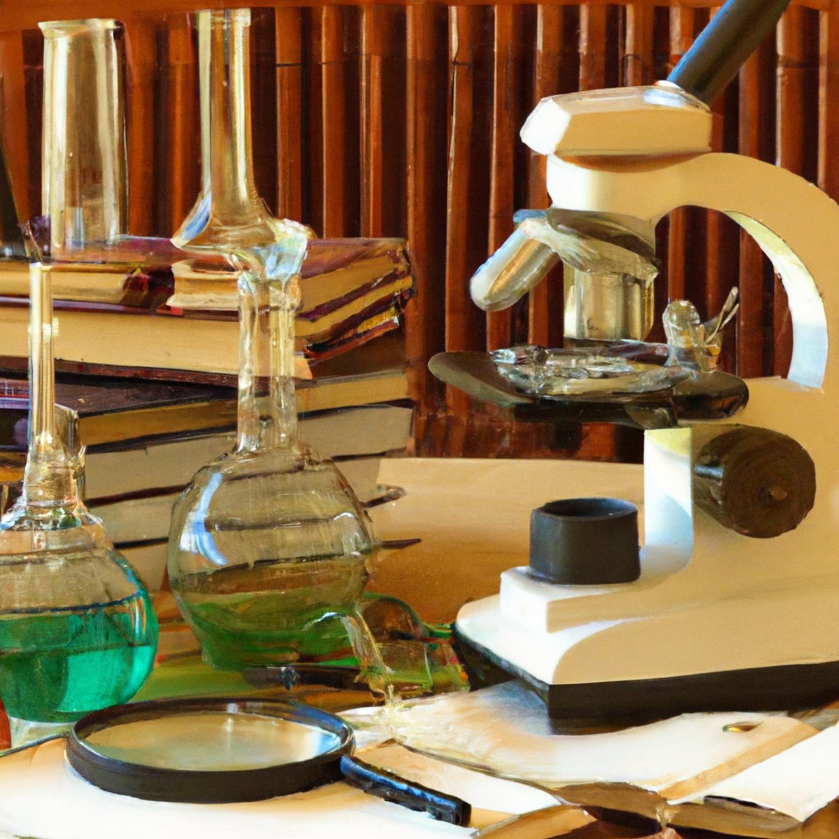 Lab setting with microscope, journals, beaker, test tubes, and whiteboard displaying formulas and diagrams. Symbolizes scientific exploration and knowledge -Fibrodysplasia Ossificans Progressiva